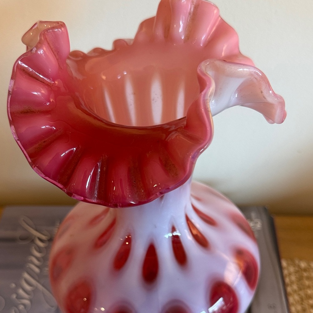 Fenton Cranberry Opalescent Coin Dot Ruffled Vase - Picture 2 of 5